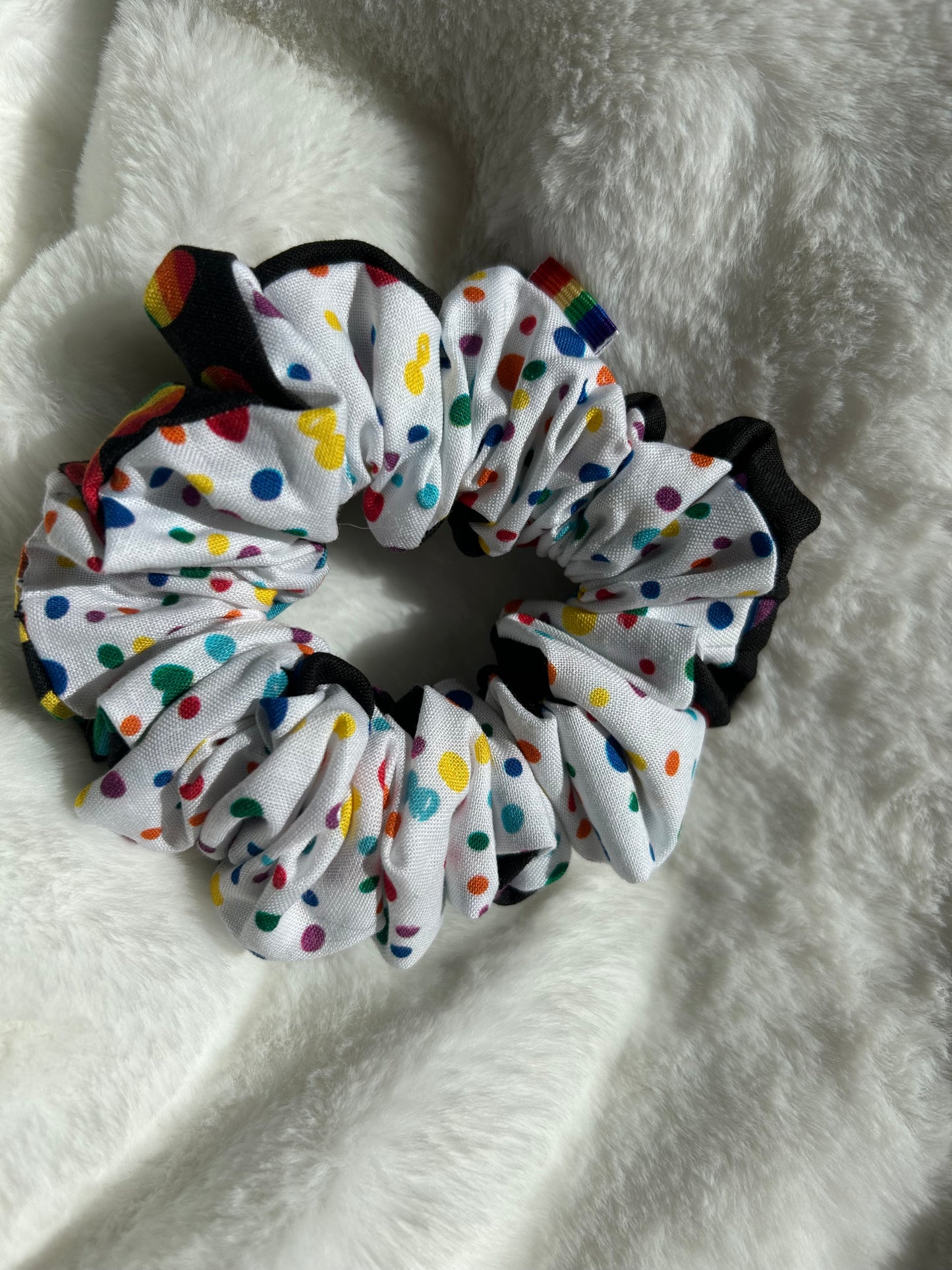 Two sided rainbow dots and hearts scrunchie