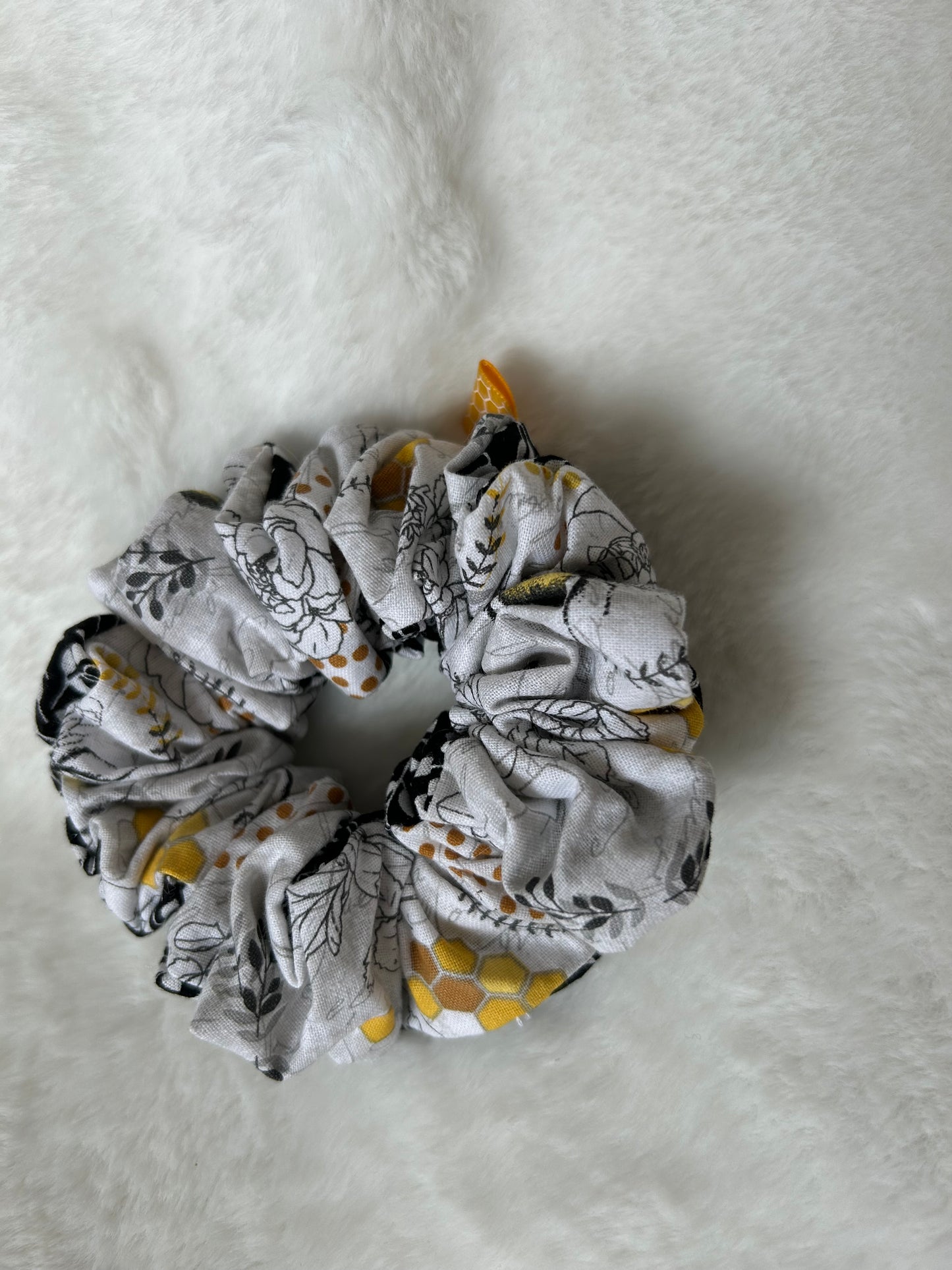 Two sided bee and black and white leaf scrunchie