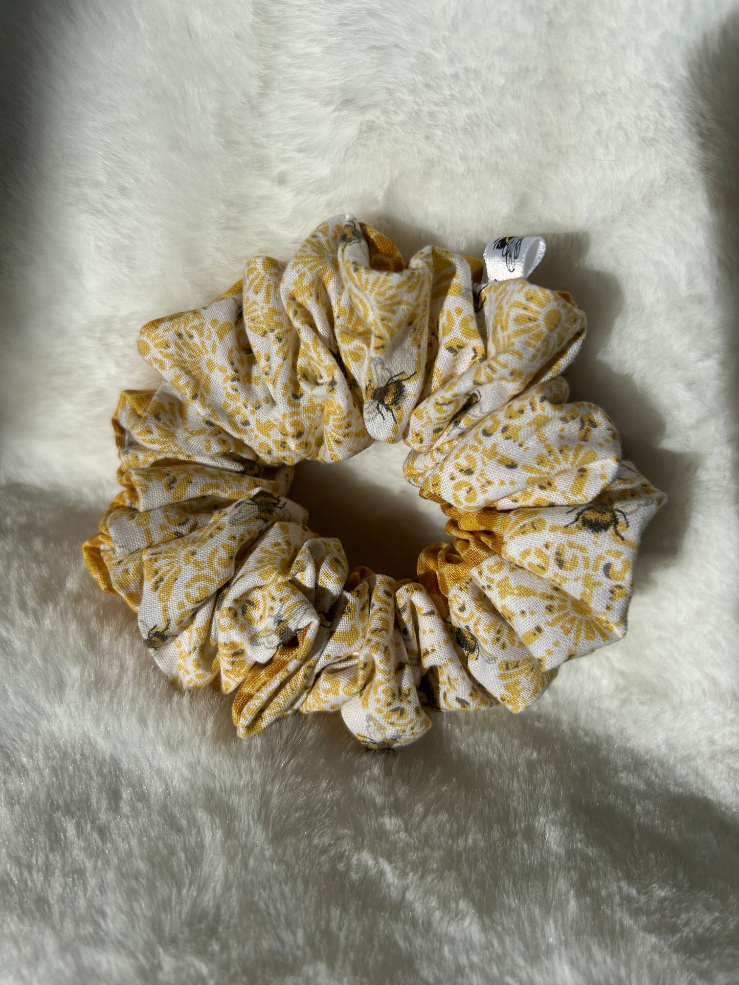 Two sided pattern bee and honeycomb scrunchie
