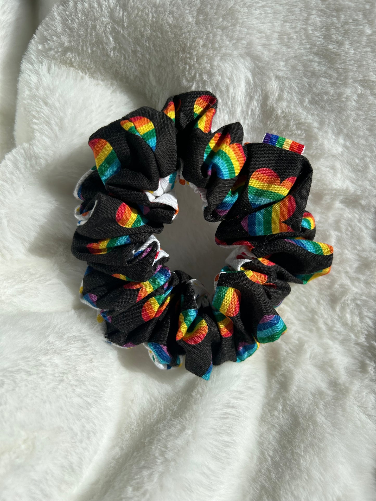 Two sided rainbow dots and hearts scrunchie