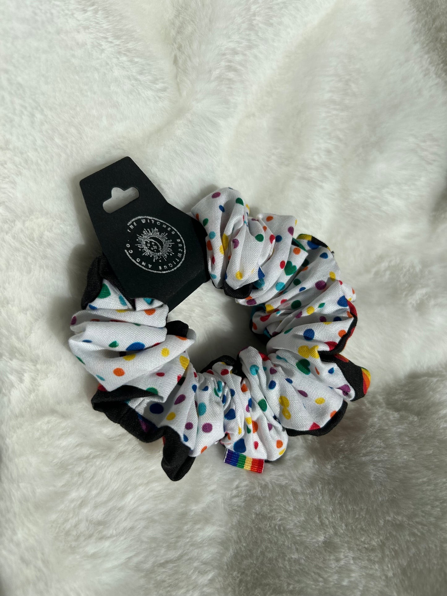 Two sided rainbow dots and hearts scrunchie