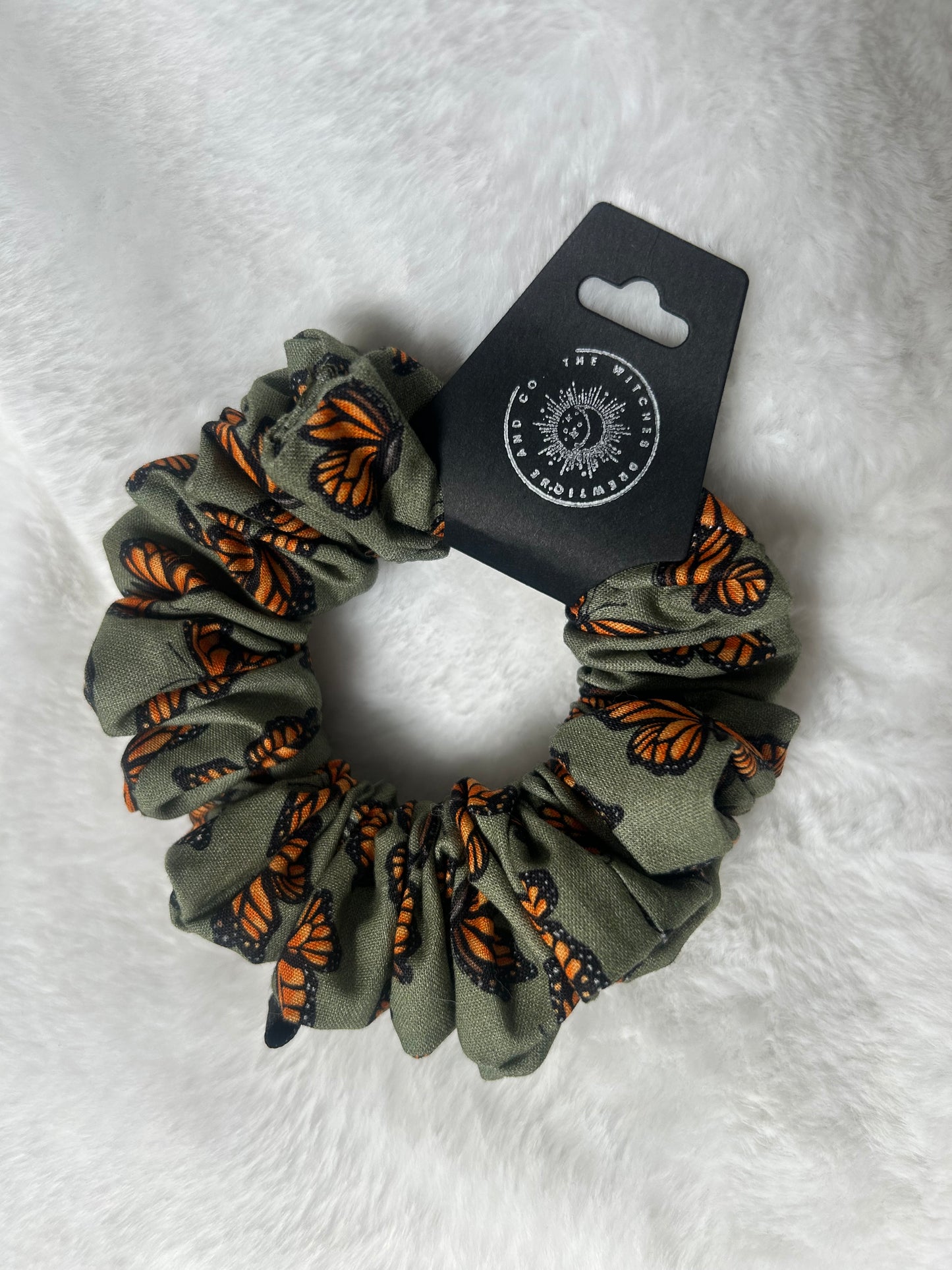 Green and orange butterfly scrunchie