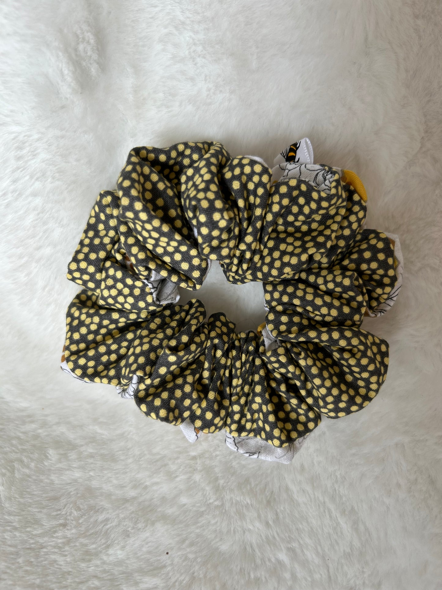 Two sided bee and grey and yellow polka dots scrunchie