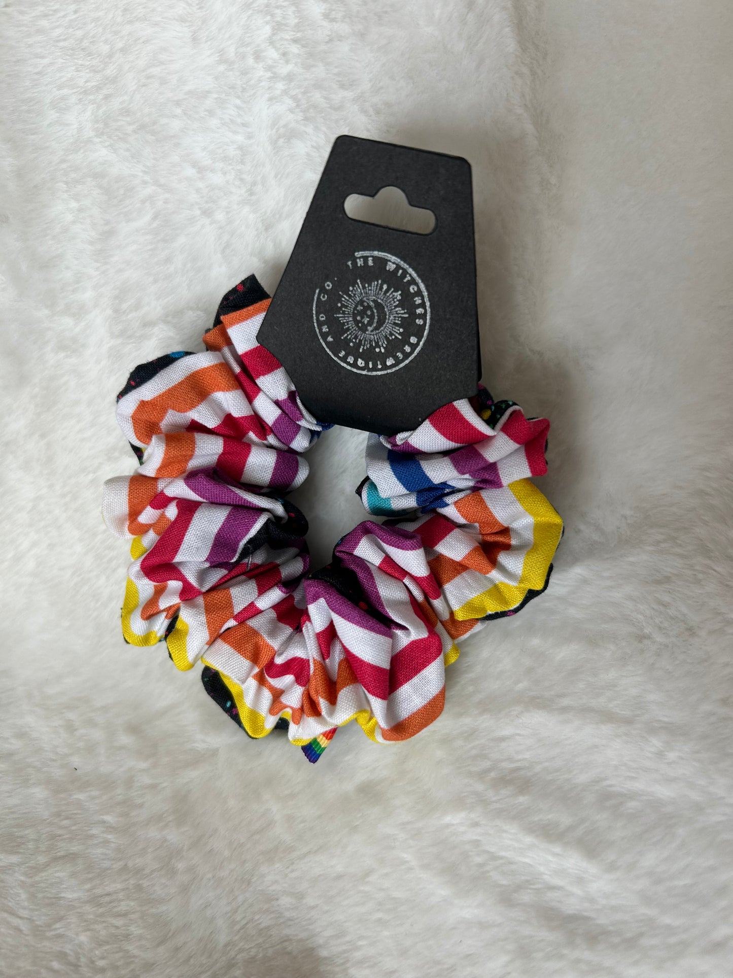 Two sided rainbow stripes and black with rainbow dot splatter scrunchie