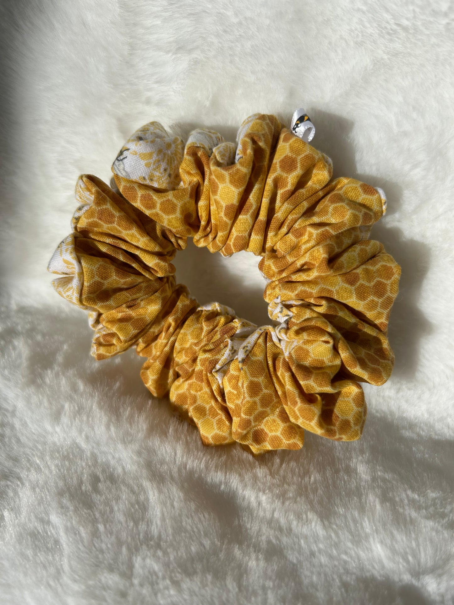 Two sided pattern bee and honeycomb scrunchie