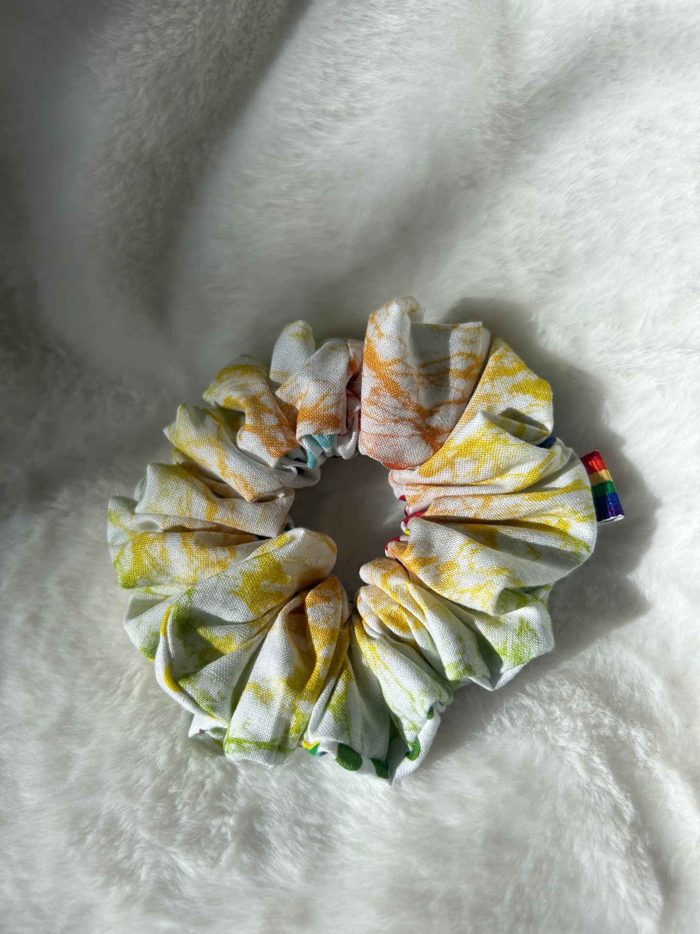 Two sided rainbow polka dot and watercolor scrunchie