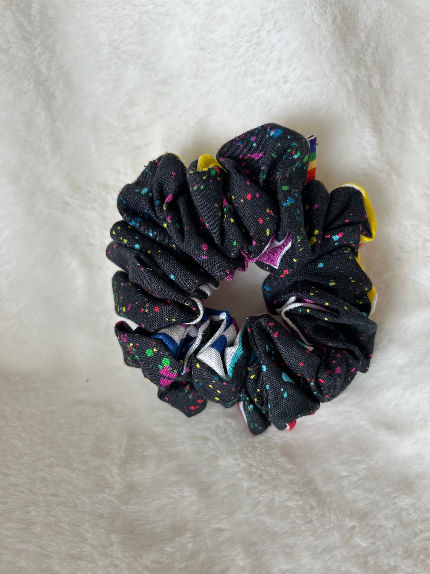 Two sided rainbow stripes and black with rainbow dot splatter scrunchie