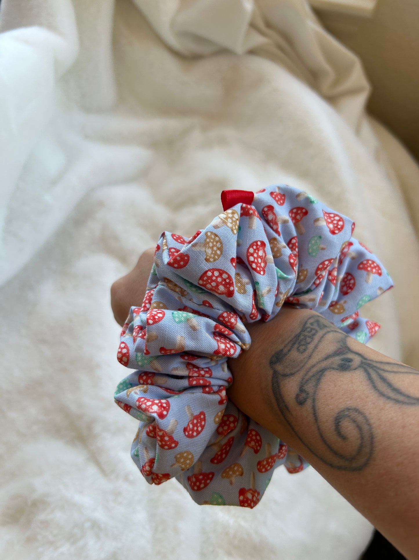 Blue mushroom scrunchie