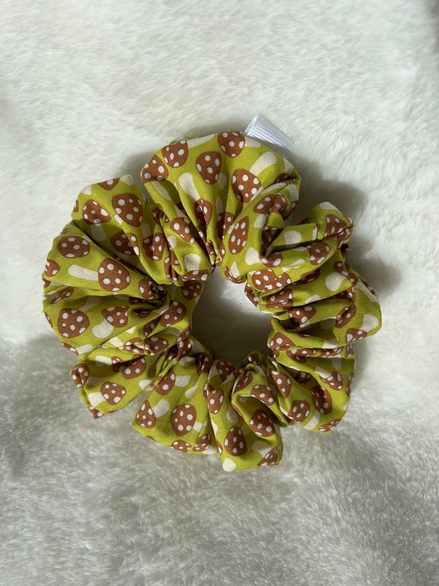 Green and brown mushroom scrunchie
