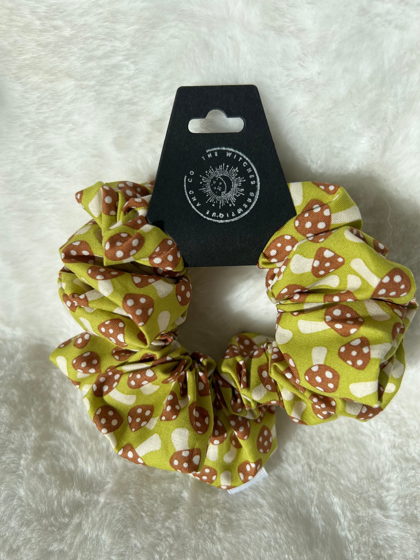 Green and brown mushroom scrunchie