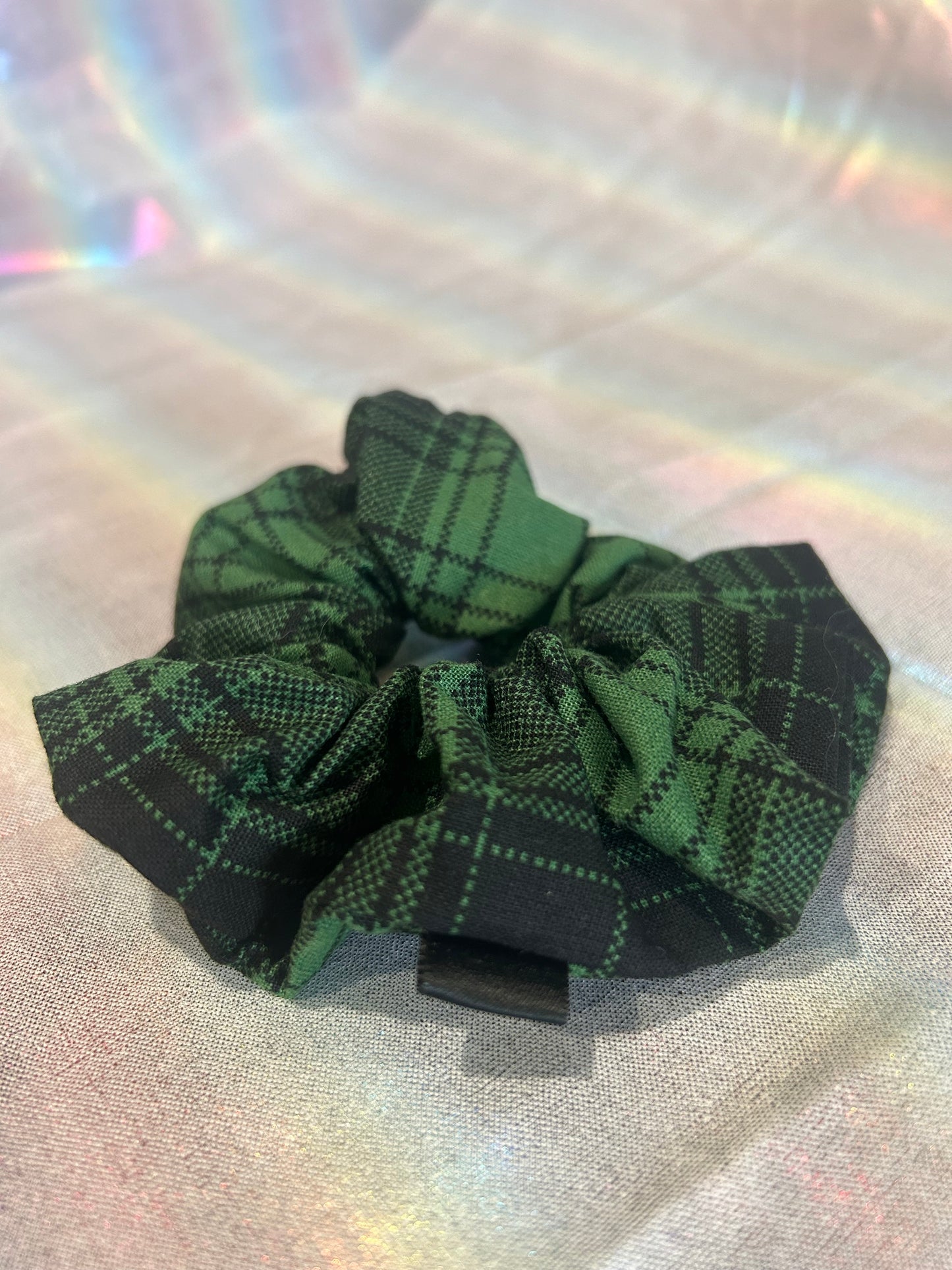 Dark green plaid scrunchie