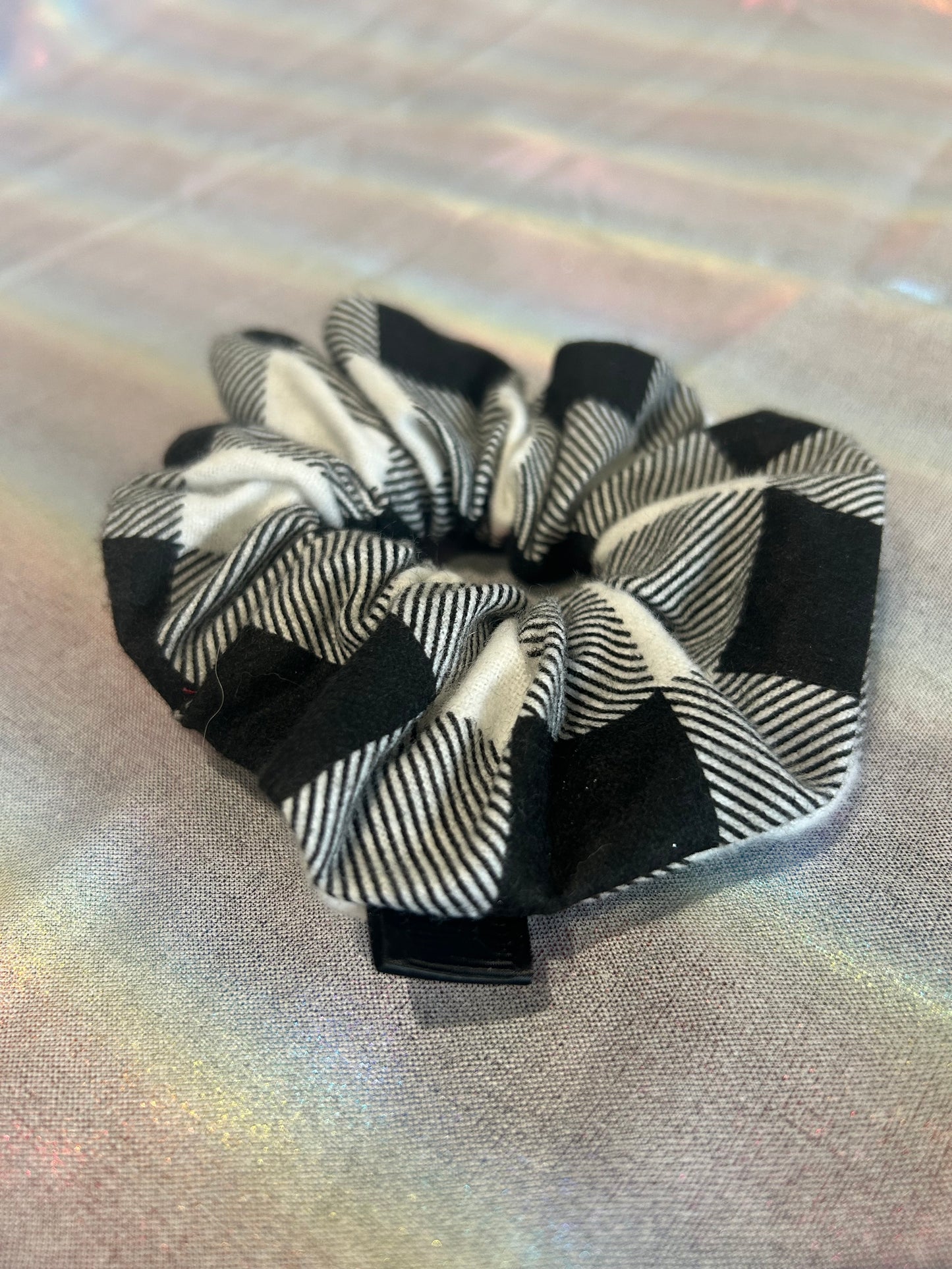 Large white and black flannel scrunchie