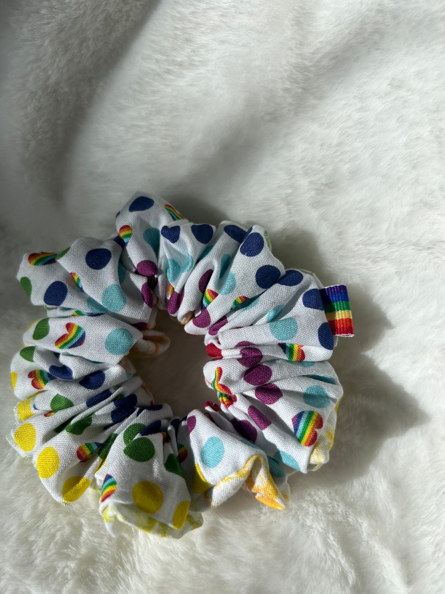 Two sided rainbow polka dot and watercolor scrunchie