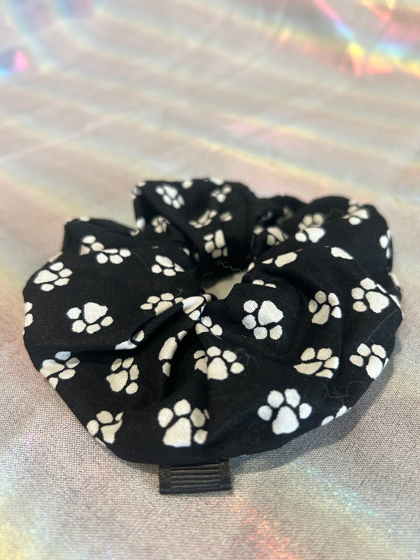 Black and white paw print scrunchie