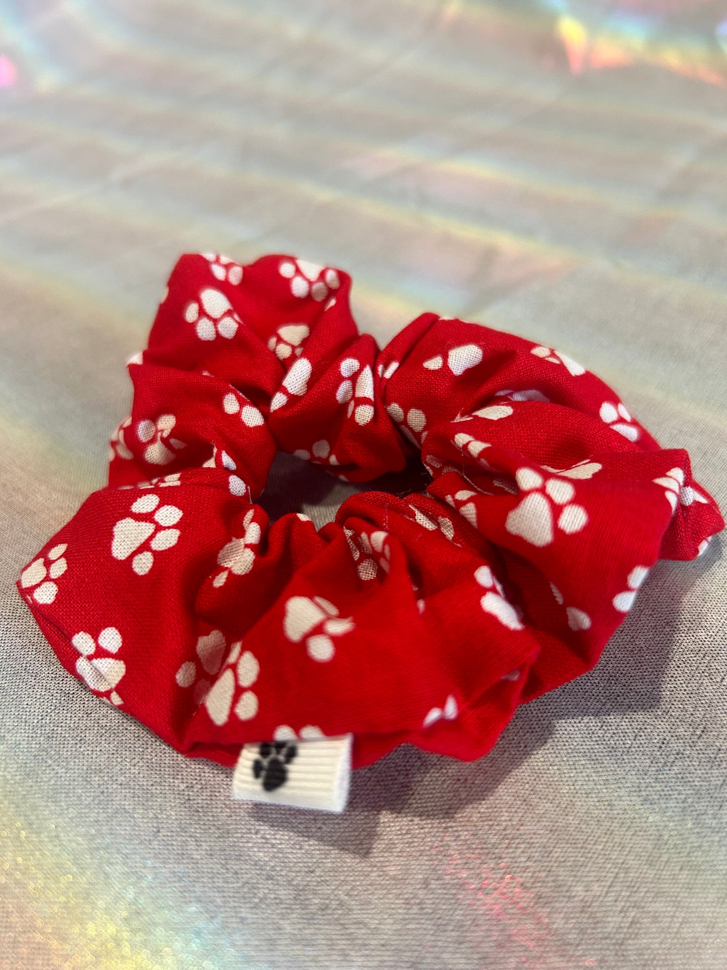 Red and white paw print scrunchie