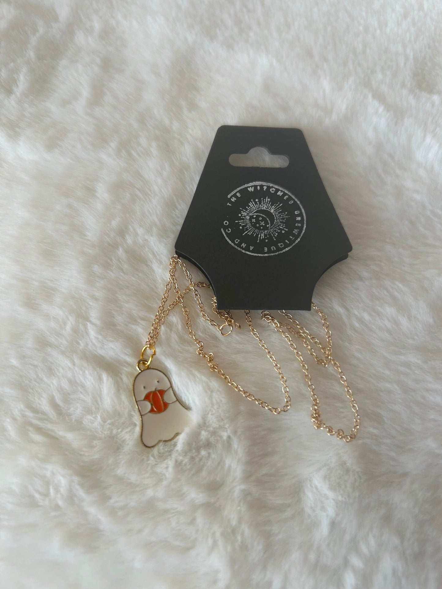 Ghost holding pumpkin necklace